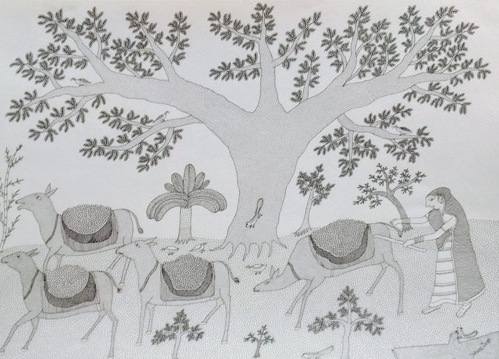 Woman with Donkeys in Jogi Art by Govind Bhai Bharthri Thumbnail