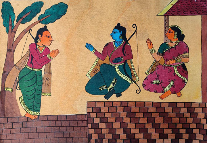 Rama, Laxmana & Sita at Vanvas: Chitrakathi Painting by Chetan Gangavane Thumbnail