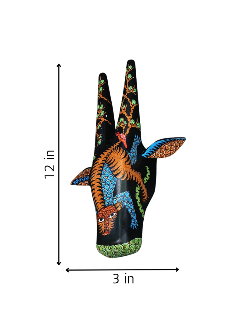 buy 12" Hand Painted Gond Style Wooden Decor Cow Head - Black
