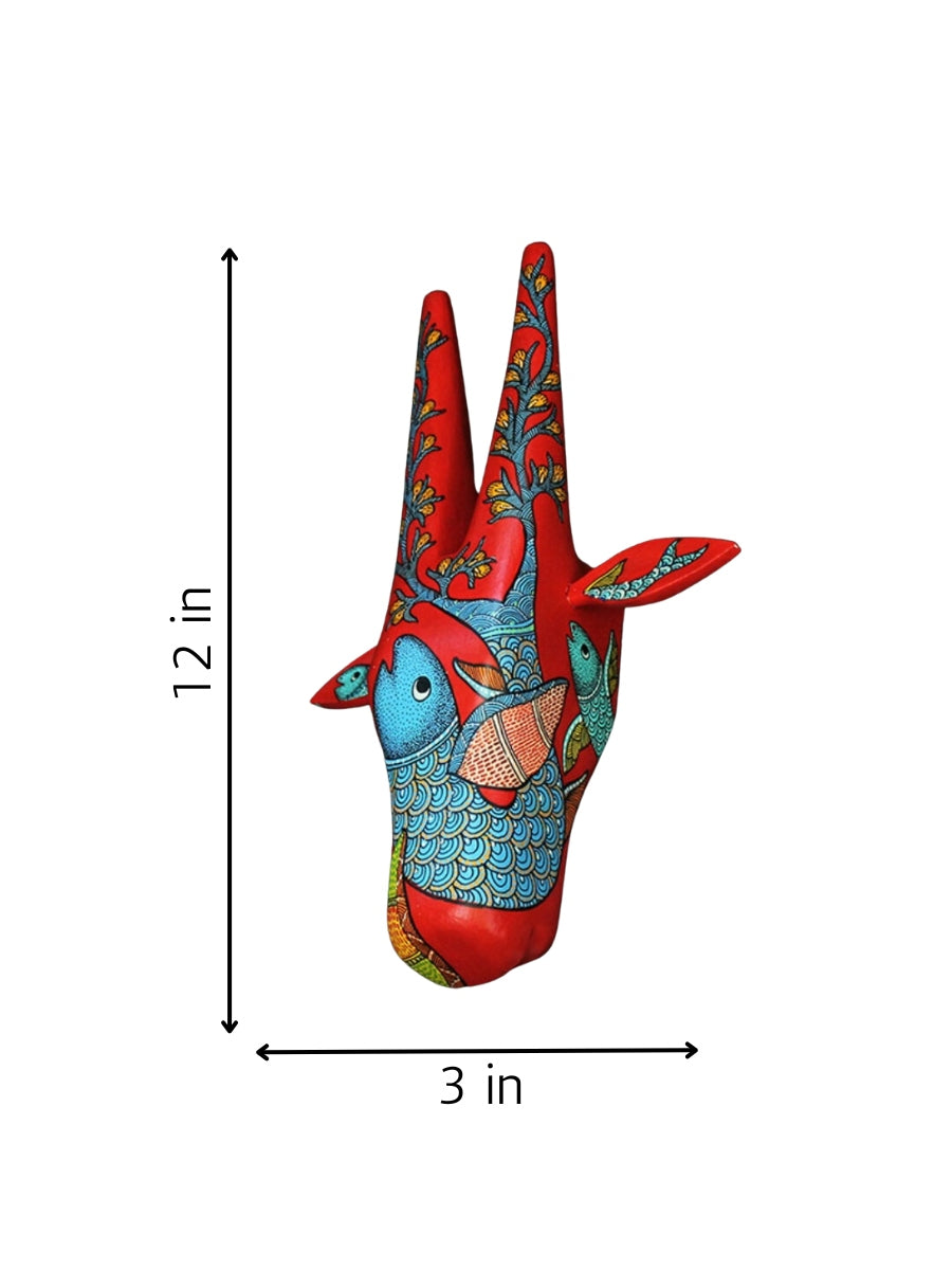 buy 12" Hand Painted Gond Style Wooden Decor Cow Head - Red