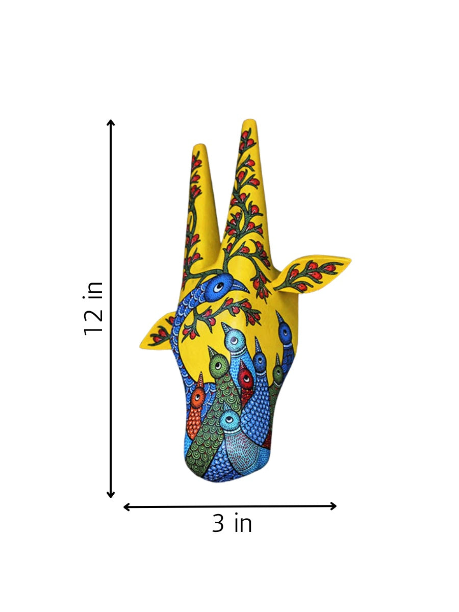 buy 12" Hand Painted Gond Style Wooden Decor Cow Head - Yellow