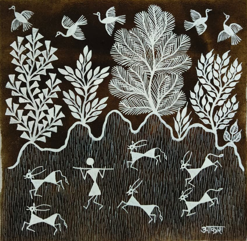 A Cattle Herder and His Cows in Warli by Dilip Bahotha Thumbnail