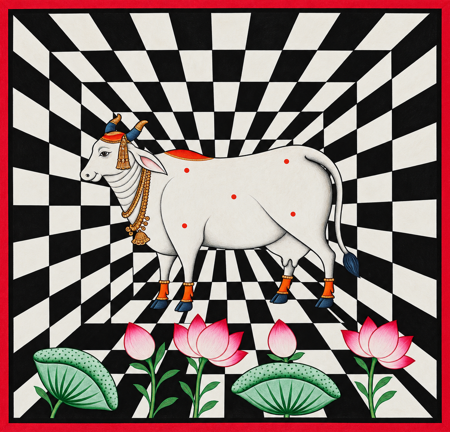 Buy A Cow and A Lotus Bud: Receding Checkerboard Background in Pichwai by Naveen Soni 