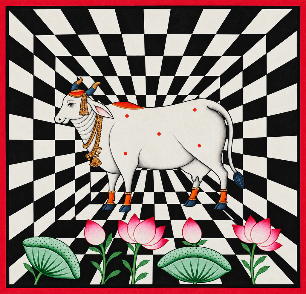 A Cow and A Lotus Bud: Receding Checkerboard Background Thumbnail