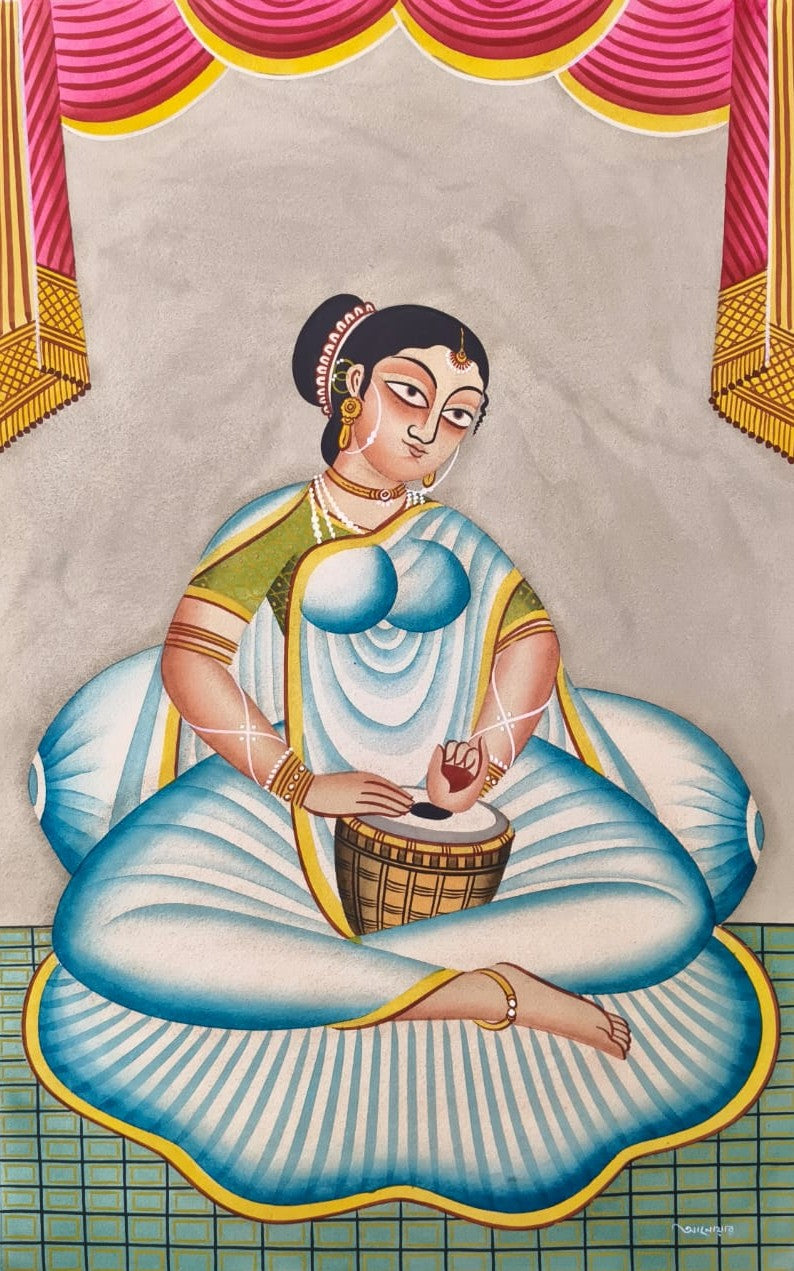 A Female Musician (Dholak Player) in Kalighat by Anwar Chitrakar Thumbnail