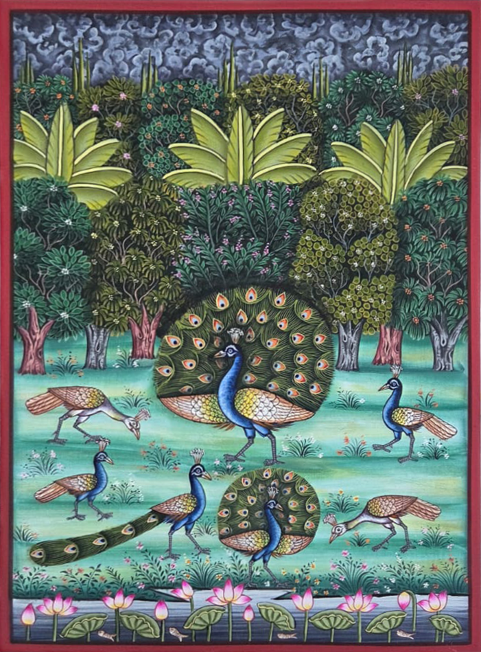 A Muster of Peacocks and Peahen in Pichwai Painting by Shehzaad Ali Sherani Thumbnail