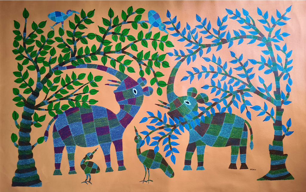 A pair of elephants pithora painting by Kamta Tahed Thumbnail
