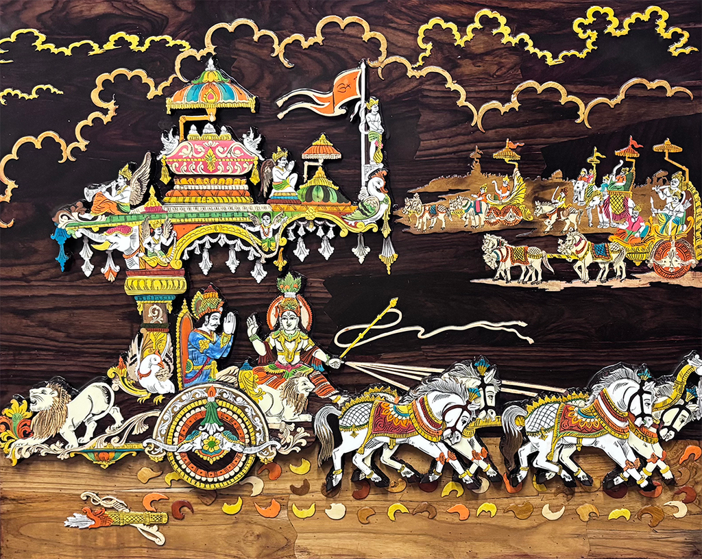 Arjuna's Charioteer in Wood Inlay 3D panel by Mohan Kumar Thumbnail