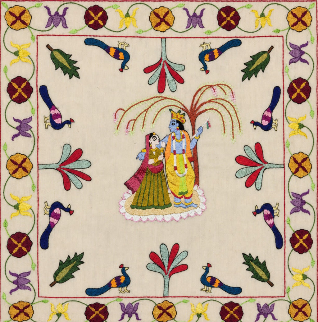 Celestial Tapestry of Radha and Krishna: Chamba Rumal Painting by Anjali Vakil Thumbnail