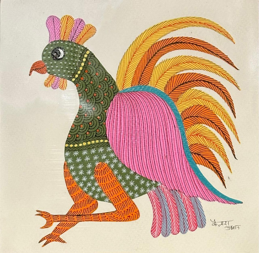Colorful rooster in Gond by Kailash Pradhan Thumbnail