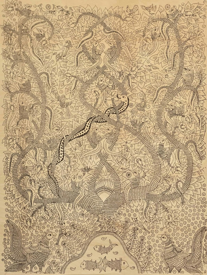 Contemporary Monochrome Tree of Life in Mata ni Pachedi by Vasant Manubhai Chitara Thumbnail