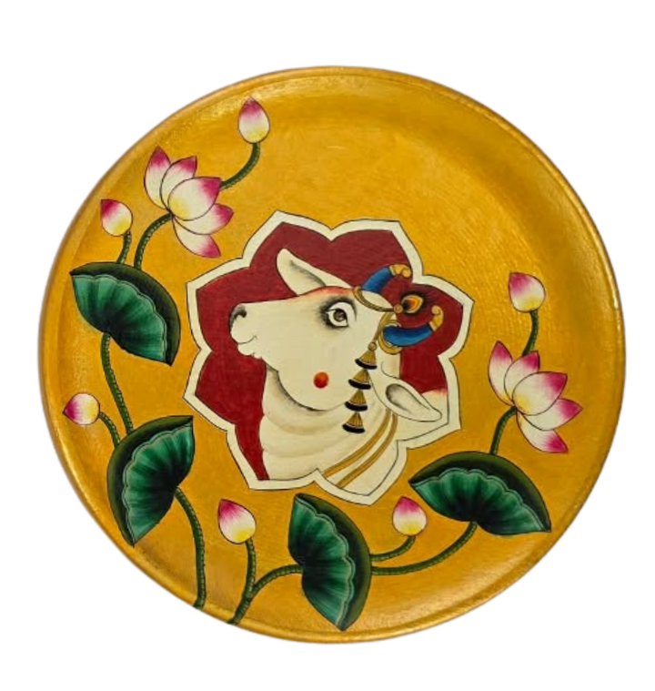 Cow and Lotus Bud in Pichwai Plates by Dinesh Soni Thumbnail