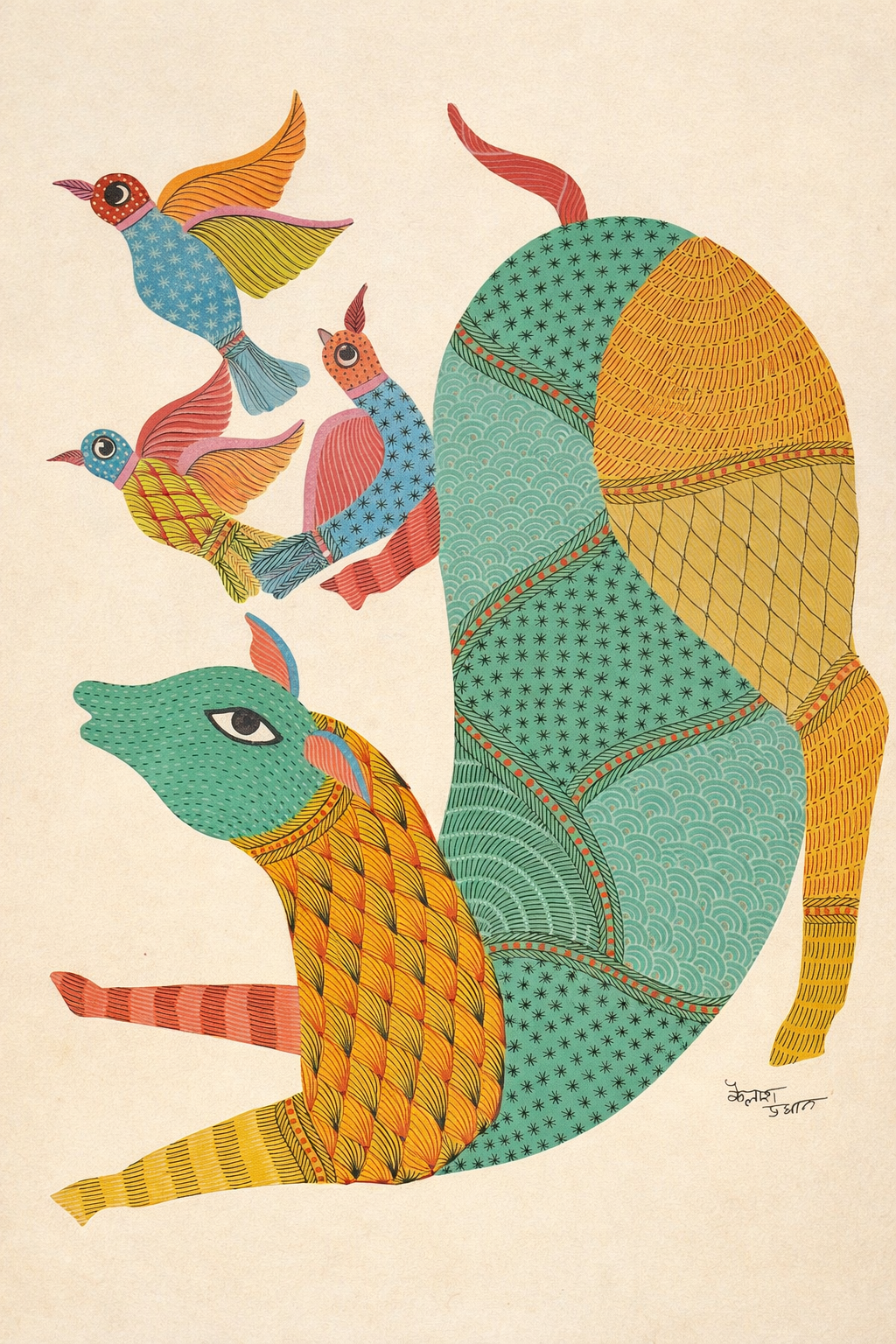 Cow with birds in Gond by Kailash Pradhan Thumbnail