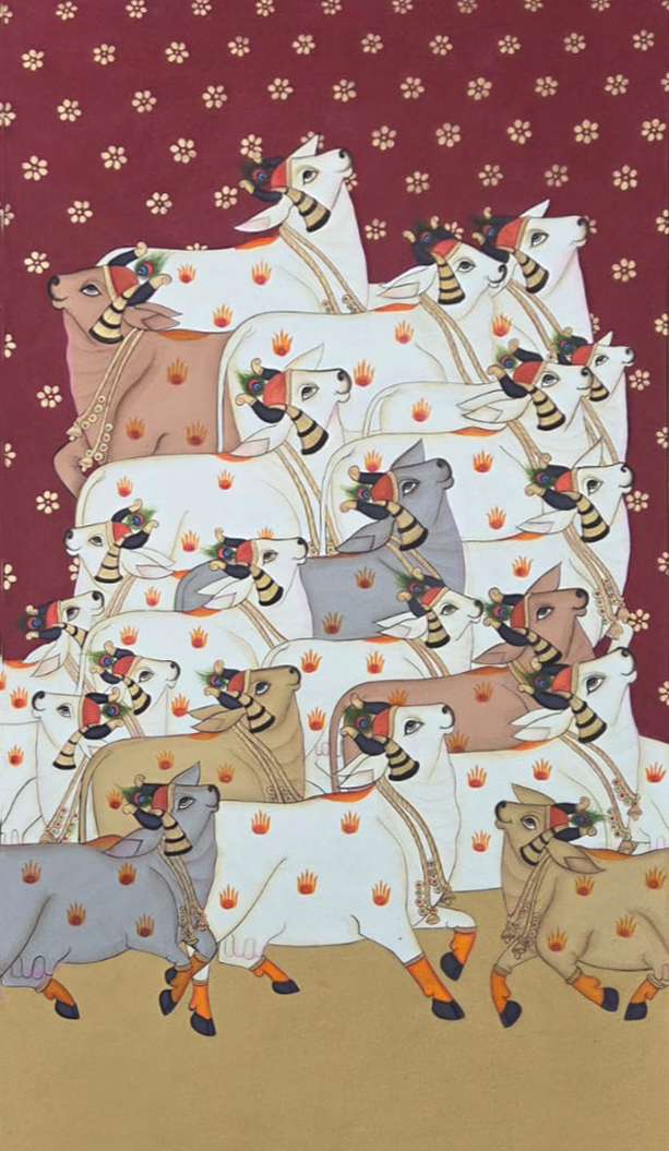 Cows in Red Coloured Textile Background Pichwai by Shehzaad Ali Sherani Thumbnail