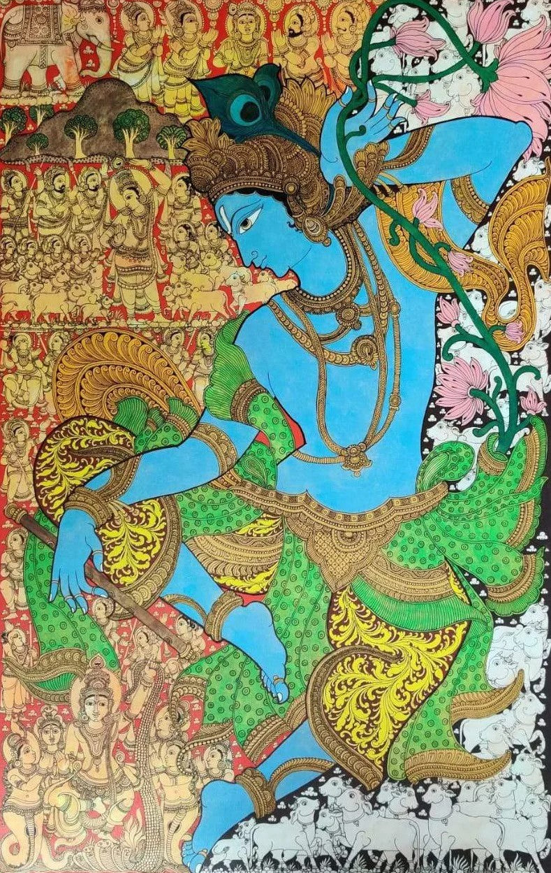 buy Dancing Krishna With Cows : Kalamkari painting by Harinath.N