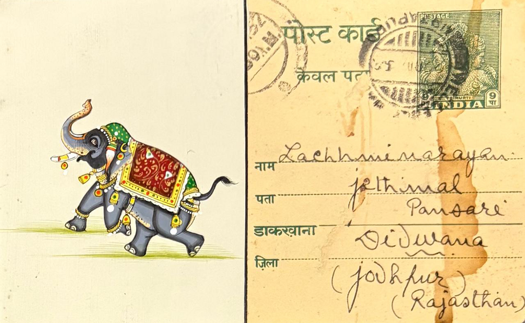 Decorated elephant on a postcard in Mughal Miniature by Mohan Prajapati Thumbnail