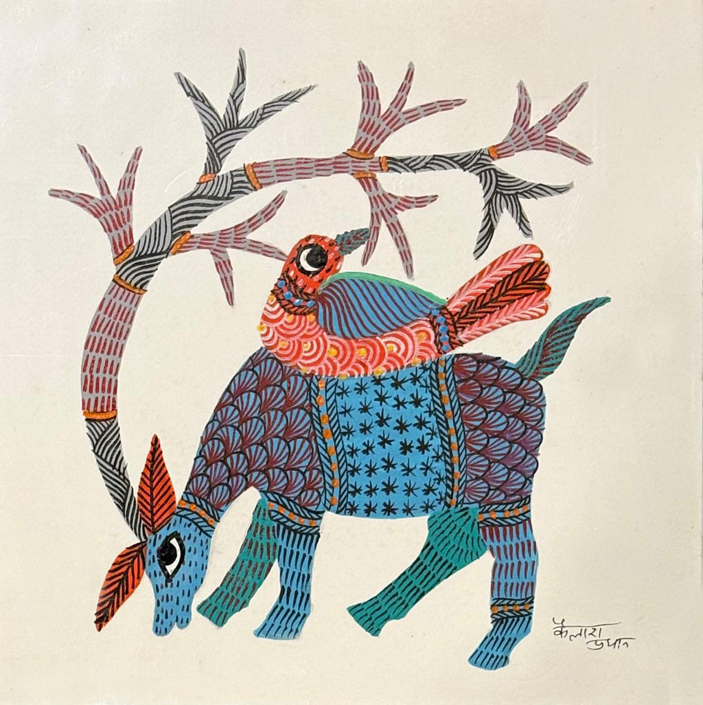Deer and bird in Gond by Kailash Pradhan Thumbnail
