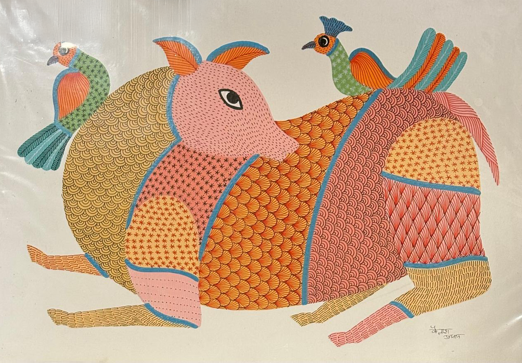Deer and birds in Gond by Kailash Pradhan Thumbnail