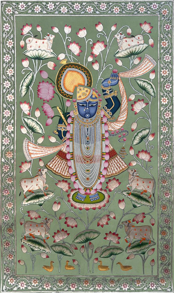 Buy Divine Opulance: Shrinathji Amidst the Lotus Grove in Pichwai by Naveen Soni
