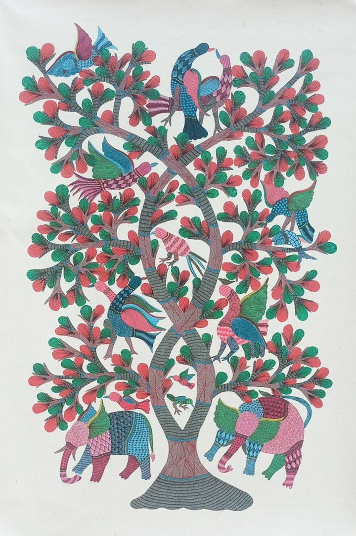 Elephant, Birds in Gond by Kailash Pradhan Thumbnail