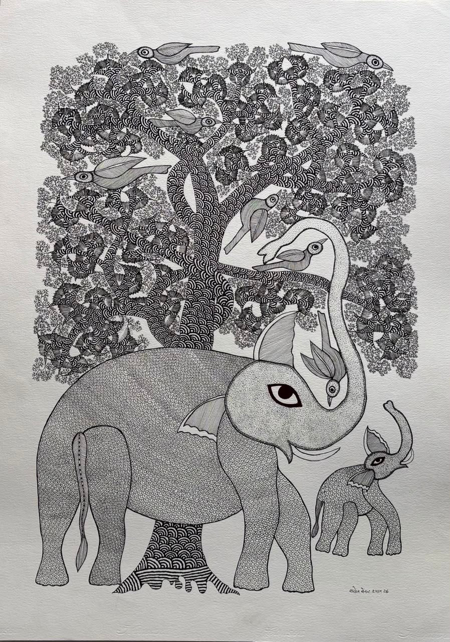 Elephant and Cub in Gond by Saroj Venkat Shyam Thumbnail
