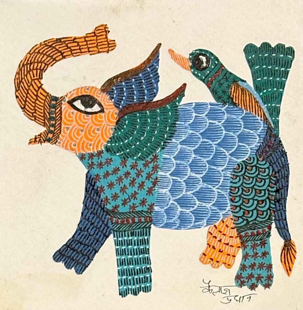 Elephant and bird in Gond by Kailash Pradhan Thumbnail