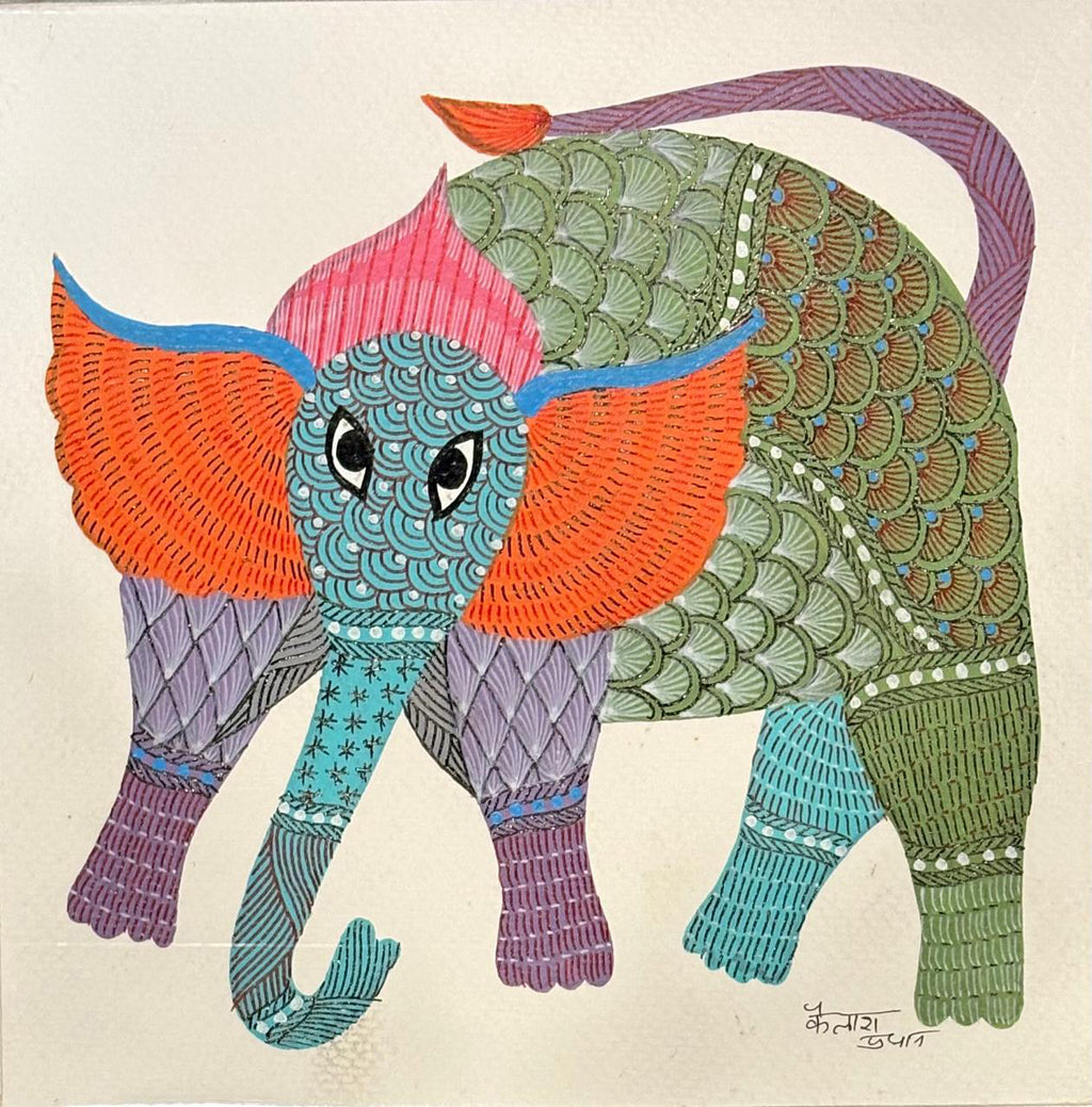 Elephant in harmony in Gond by Kailash Pradhan Thumbnail