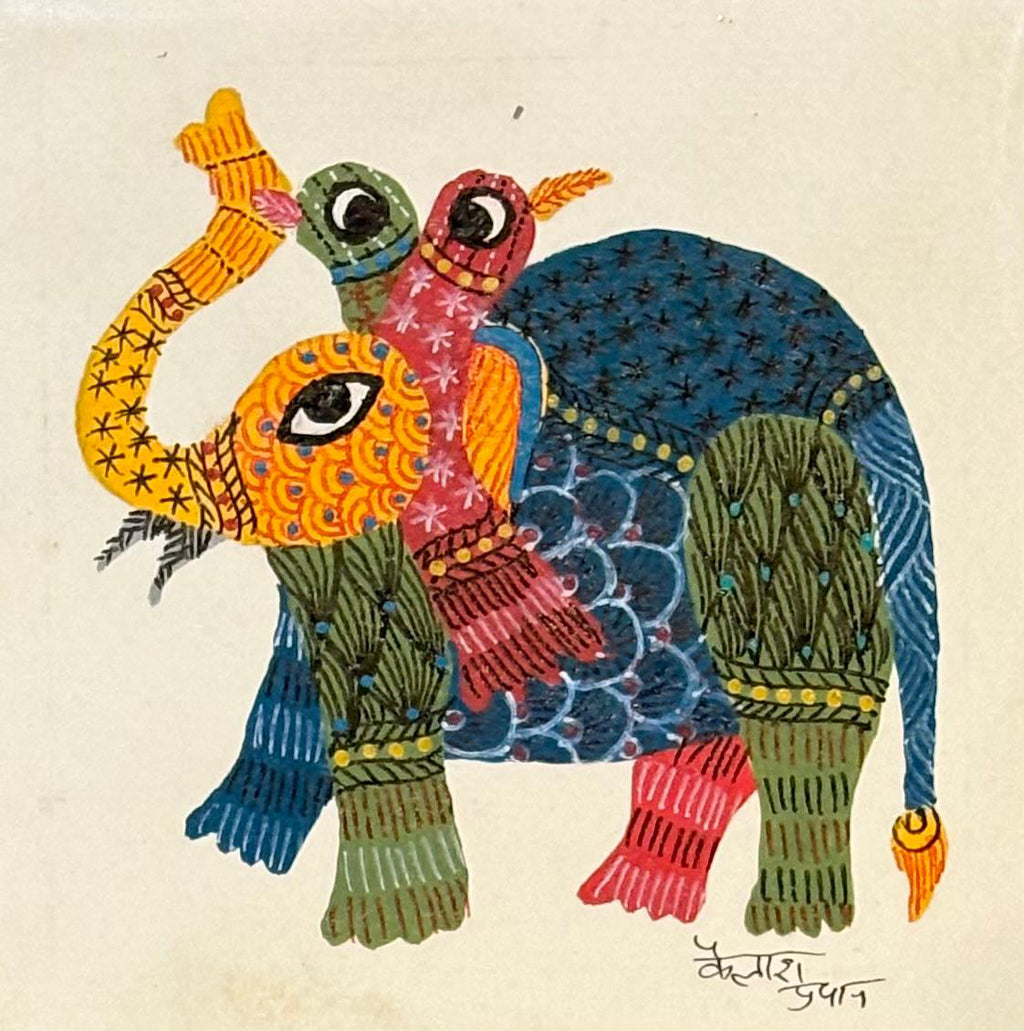 Elephant with two birds in Gond by Kailash Pradhan Thumbnail