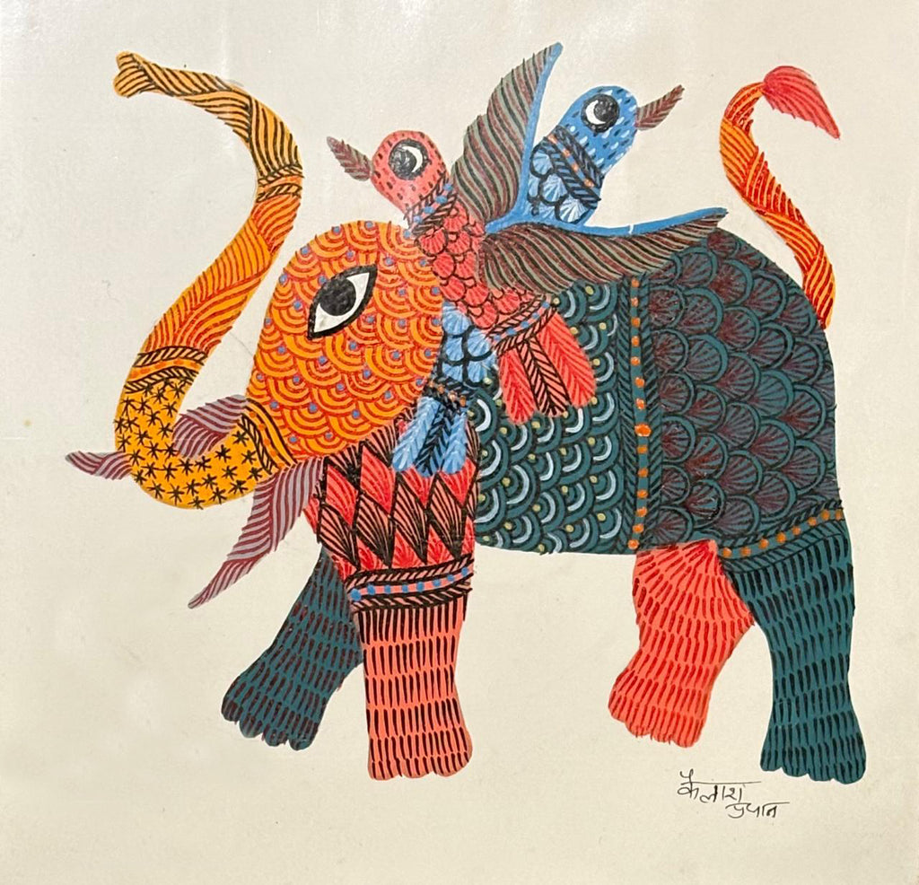 Elephants and birds in Gond by Kailash Pradhan Thumbnail