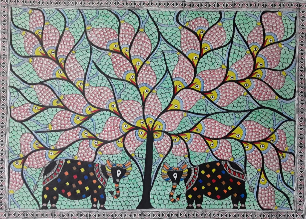 Elephants under a tree in Madhubani by Pratima Bharti Thumbnail