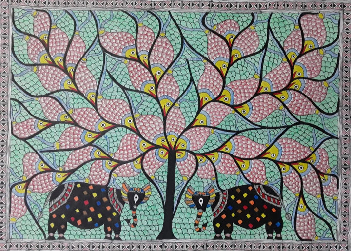 Elephants under a tree in Madhubani by Pratima Bharti Thumbnail