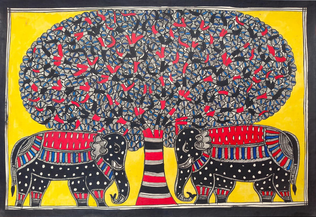 Elephants under tree of life in Madhubani by Ambika Devi Thumbnail