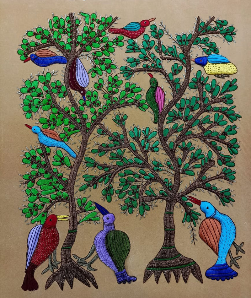 Buy Feathered Friends: Birds and Trees in Zardozi by Md. Bilal