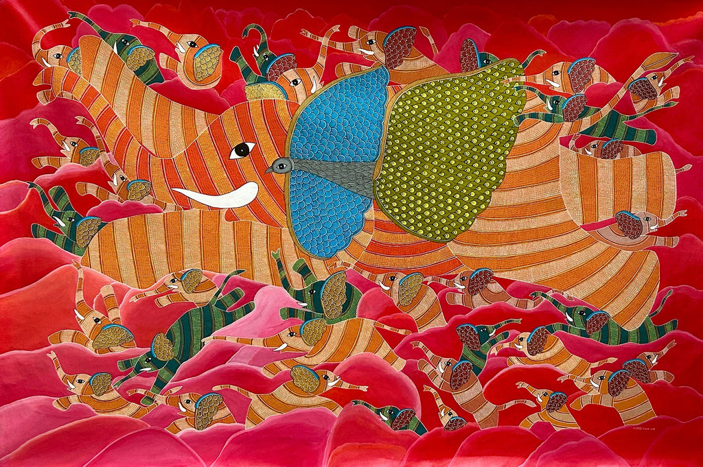 Flying Elephants Gond Painting by Rajendra Shyam Thumbnail