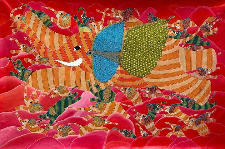 Flying Elephants Gond Painting by Rajendra Shyam Thumbnail