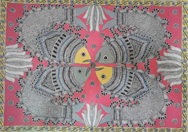 Four Fish in Madhubani painting by Pratima Bharti Thumbnail
