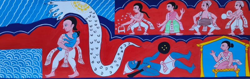 Buy From Mathura to Gokul: Baby Krishna's journey with Vasudeva in Manuscript Painting by Sujit Das