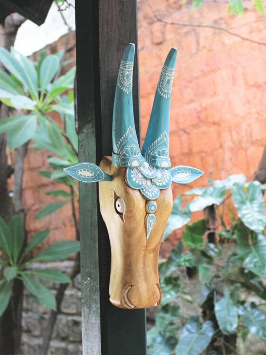 Buy Hand Painted Teal Blue Wooden Cow Head - Blue