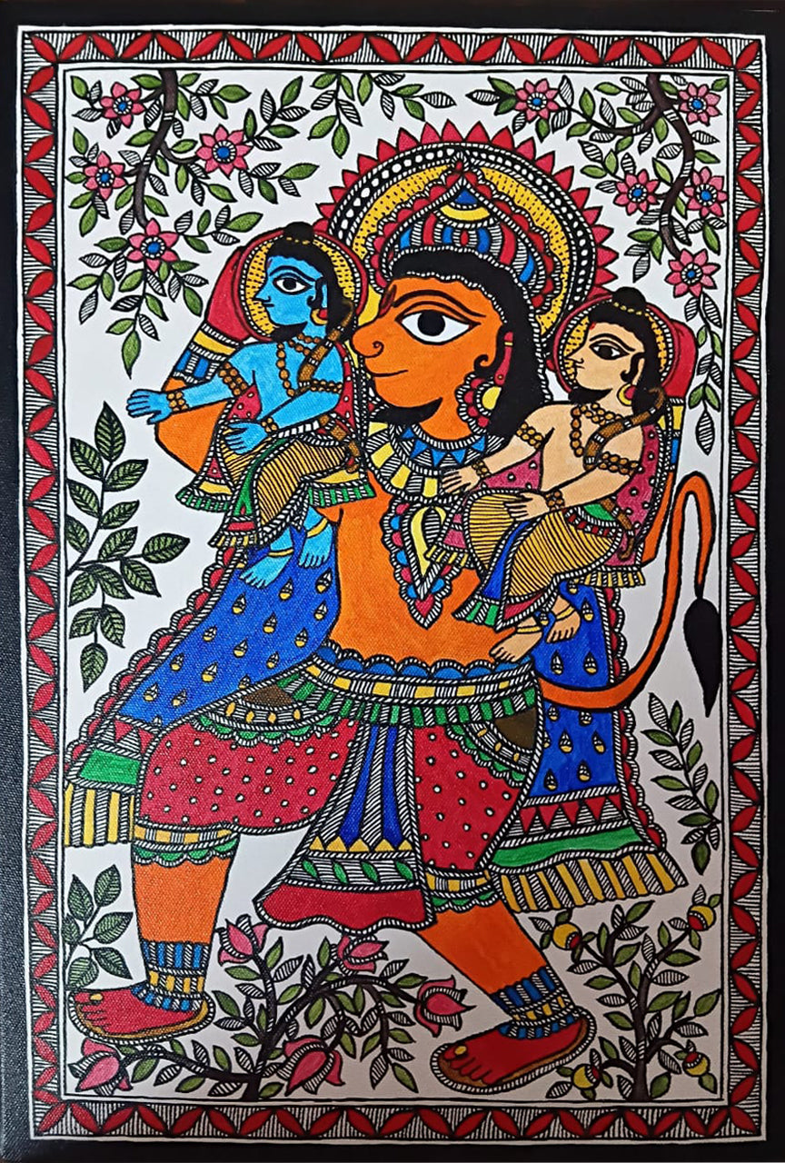 Hanuman carrying Ram and Lakshman in Madhubani by Priti Karn Thumbnail