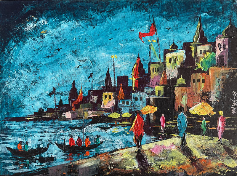 Buy Hues of the Ganges: Varanasi Ghat in Acrylic by Ashish Kumar Mishra