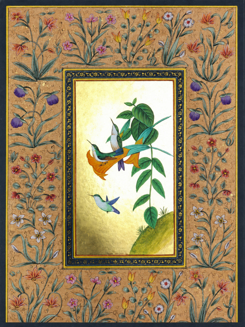 Hummingbirds on a Golden Trumpet Vine in Mughal Miniature by Mohan Prajapati Thumbnail