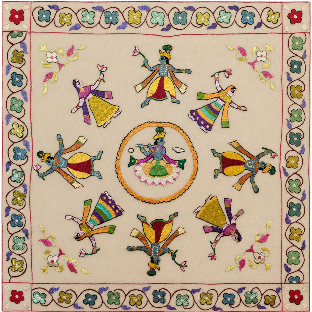 Jubilance of Lord Krishna: Chamba Rumal  Painting by Anjali Vakil Thumbnail