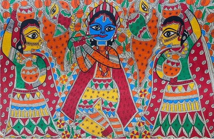 Krishna Leela in Madhubani Painting by Pratima Bharti Thumbnail