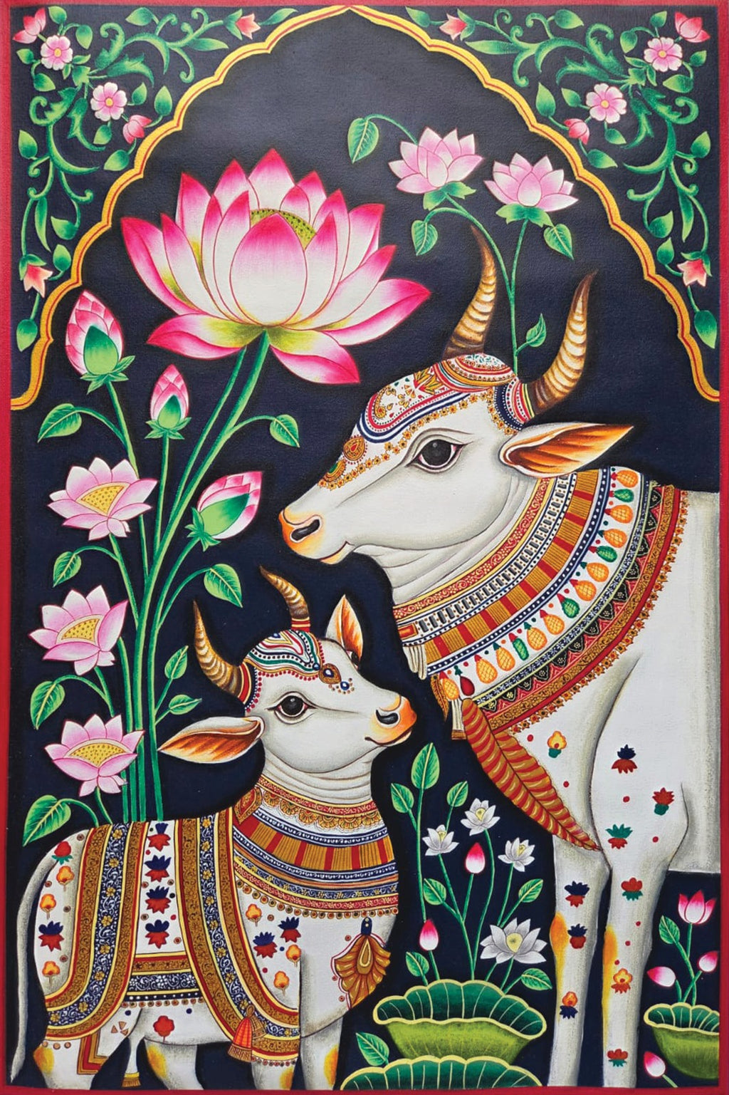 Krishna's companions: Cow and Calf in Pichwai painting by Shehzaad Ali Sherani Thumbnail