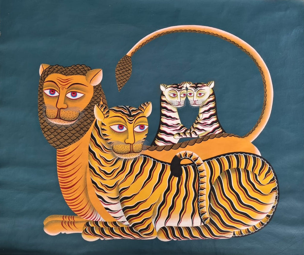 Lion and Tigers in Kalighat by Anwar Chitrakar Thumbnail