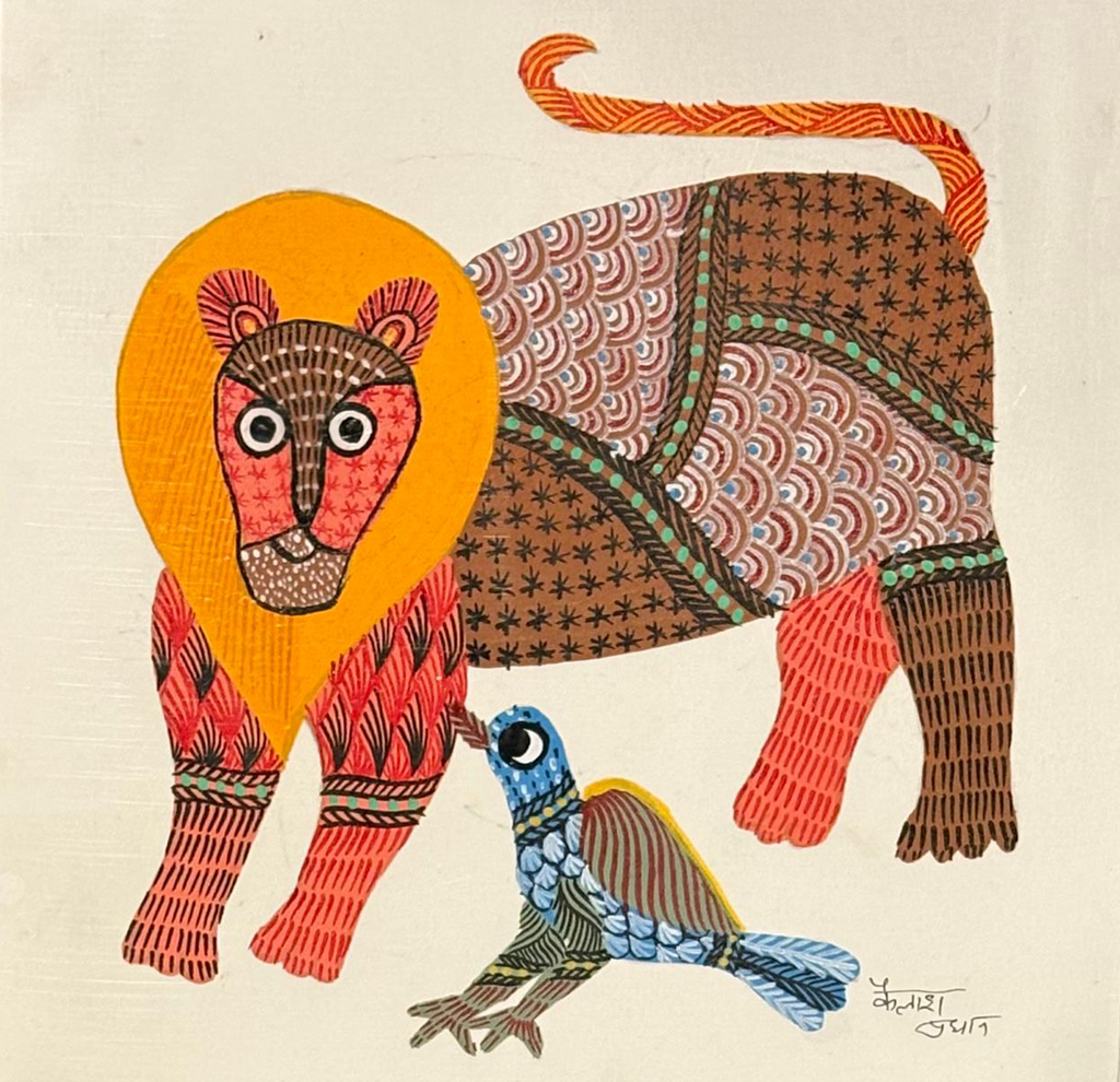 Lion and bird in Gond by Kailash Pradhan Thumbnail