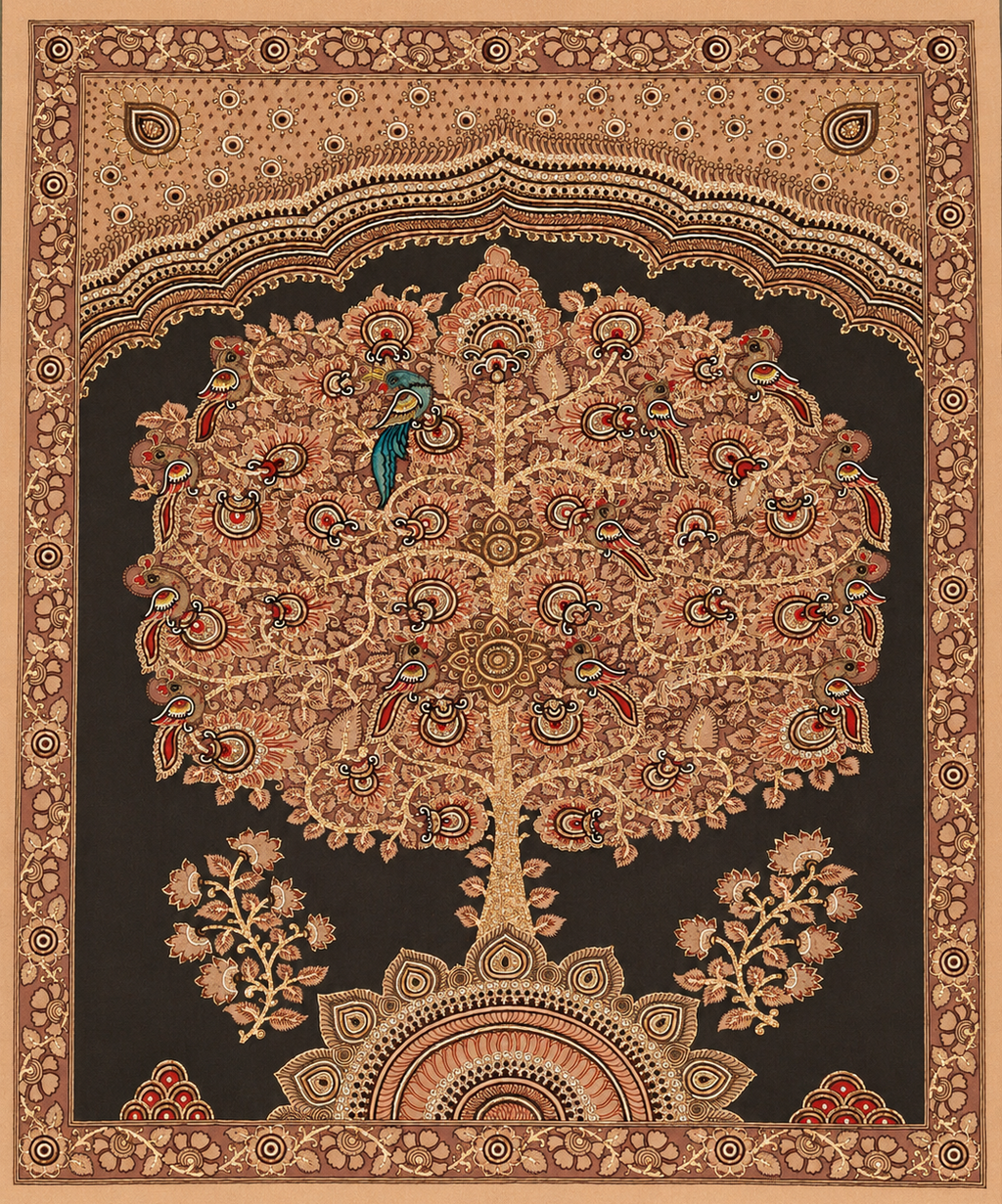Living Roots, Shared Harvests in Kalamkari and Zari Zardozi KALAMKARI ZARDOZI ARTWORK BY HARINATH N AND MD. BILAL Thumbnail