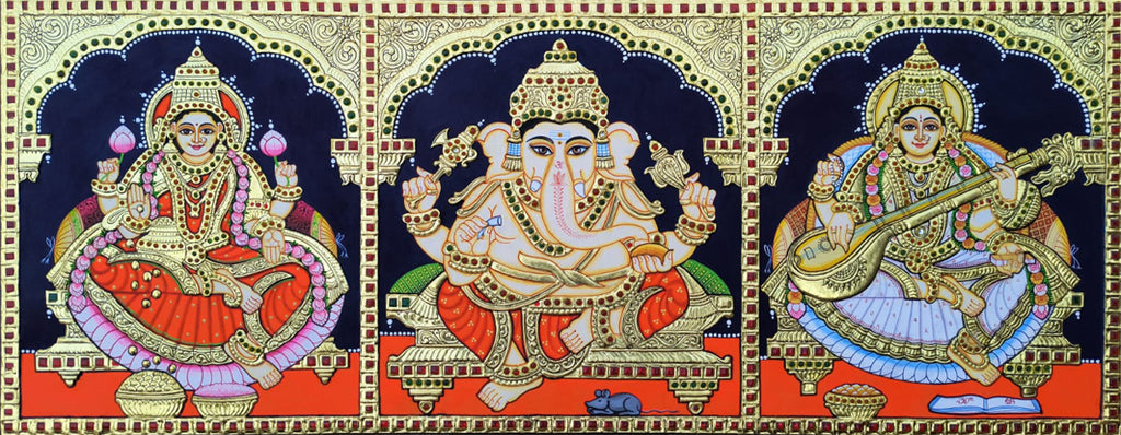 Buy Lord Ganesha, Goddess Lakshmi and Goddess Saraswati: The Auspicious Trinity in Tanjore Art by Sanjay Tandekar