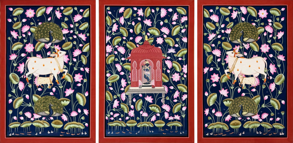 Lord Krishna and Cows: set of three in Pichwai by Naveen Soni Thumbnail