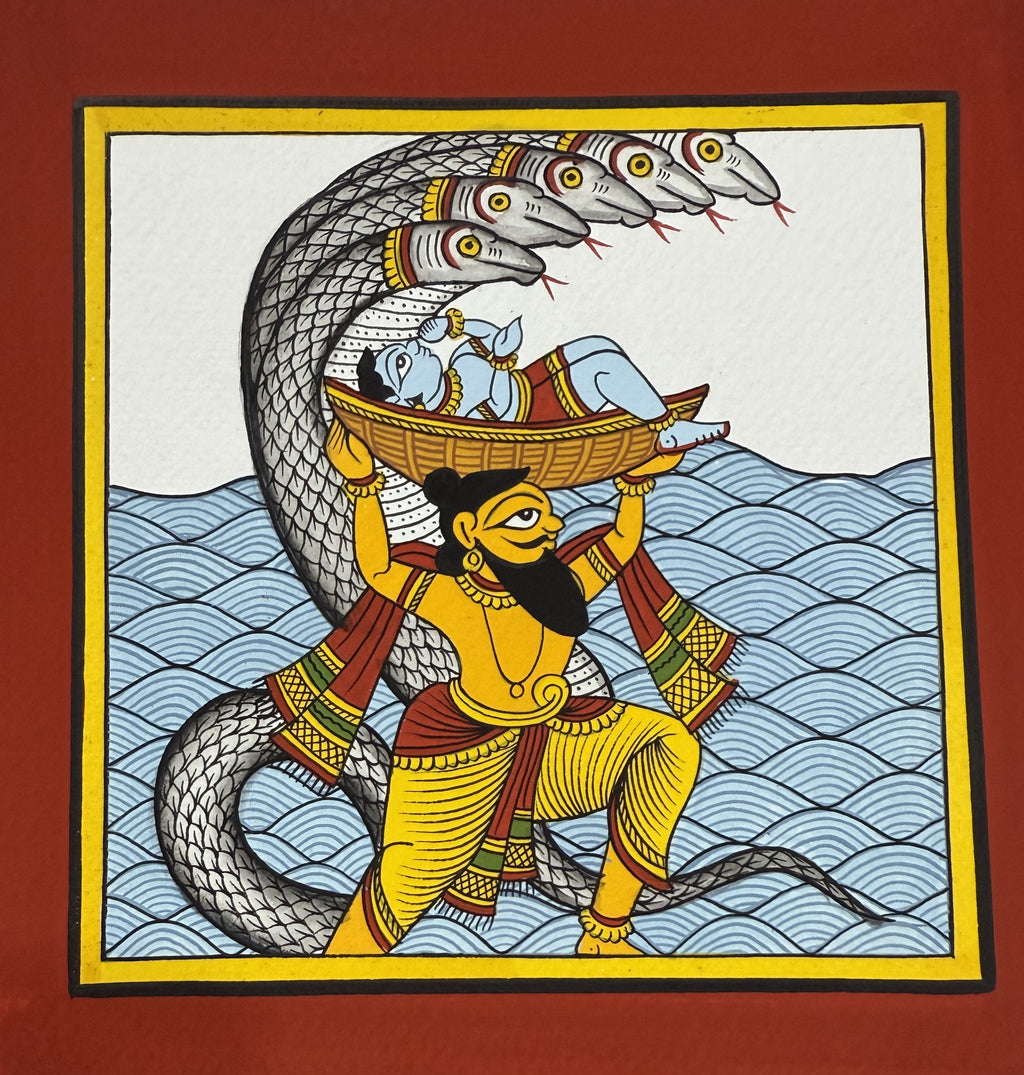 Buy Lord Krishna's Journey: Vasudeva's Crossing of the Yamuna in Phad Painting by Kalyan Joshi